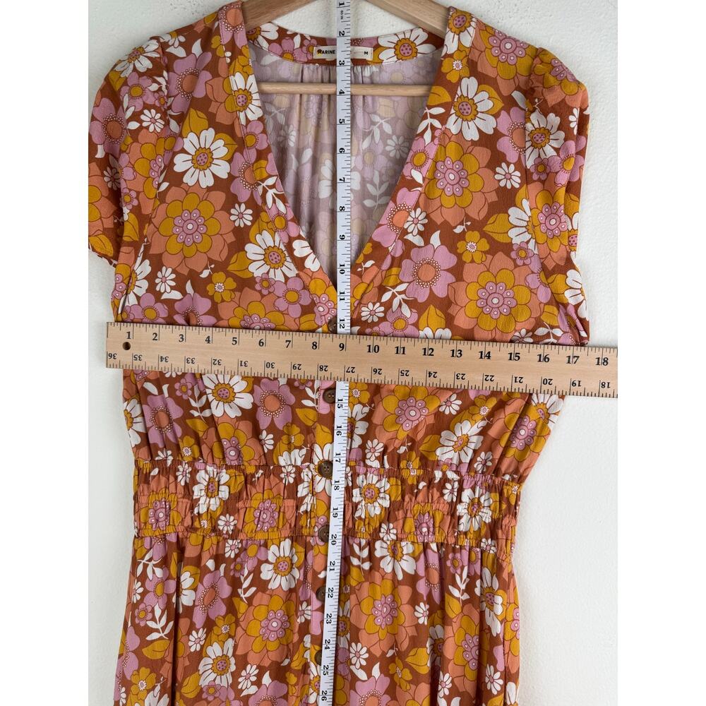 Marine Layer Annika Smocked Floral Midi Dress Amber Brown Medium - Picture 15 of 16